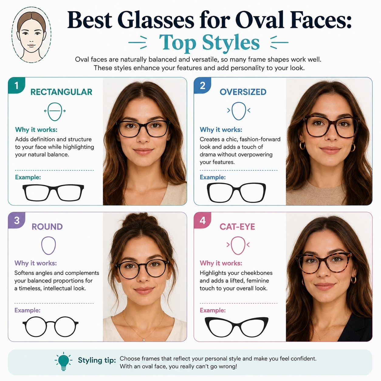Four eyeglass frame styles recommended for oval face shapes including rectangular, oversized, round, and cat-eye with style notes