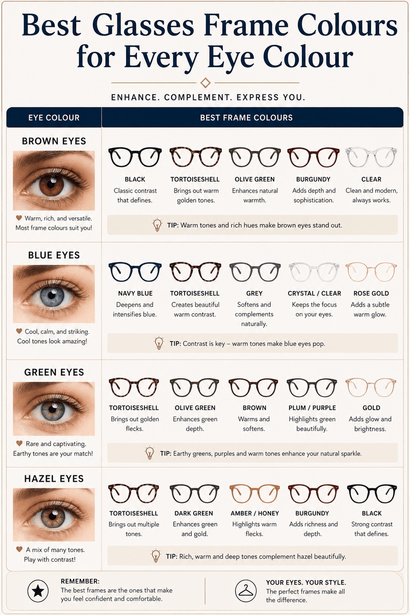 Glasses frame color guide matched to eye colors showing best frames for brown, blue, green, and hazel eyes