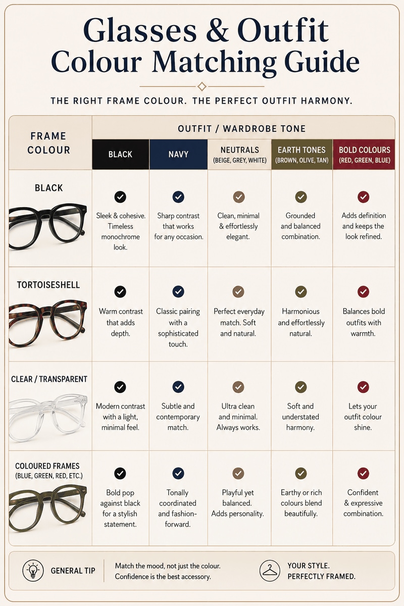 Color matching guide for glasses frames and outfit tones showing black, tortoiseshell, clear, and colored frame pairings