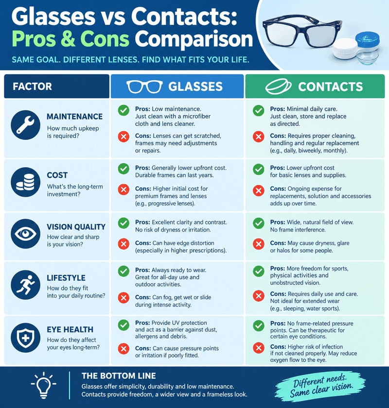 Pros and cons comparison table of glasses versus contact lenses covering maintenance, cost, vision quality, and lifestyle factors