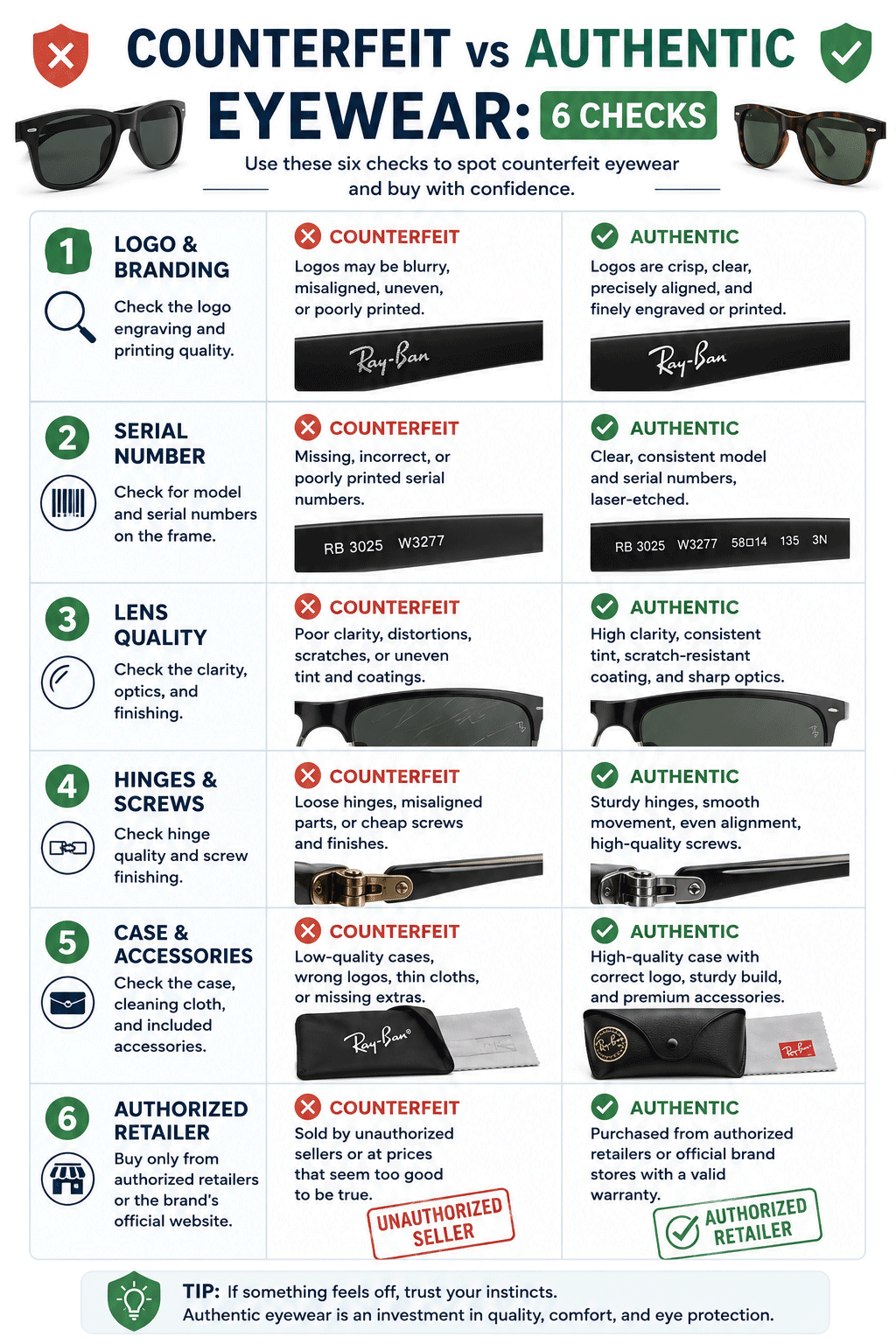 Six-point checklist for identifying counterfeit eyewear covering logo engraving, serial numbers, lens quality, and authorized retailer verification