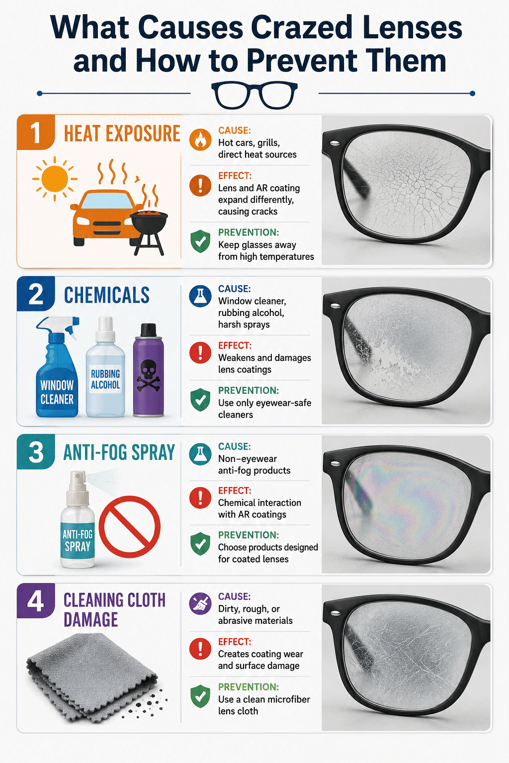 Infographic showing four causes of crazed eyeglass lenses including heat exposure and chemical cleaning with prevention tips.
