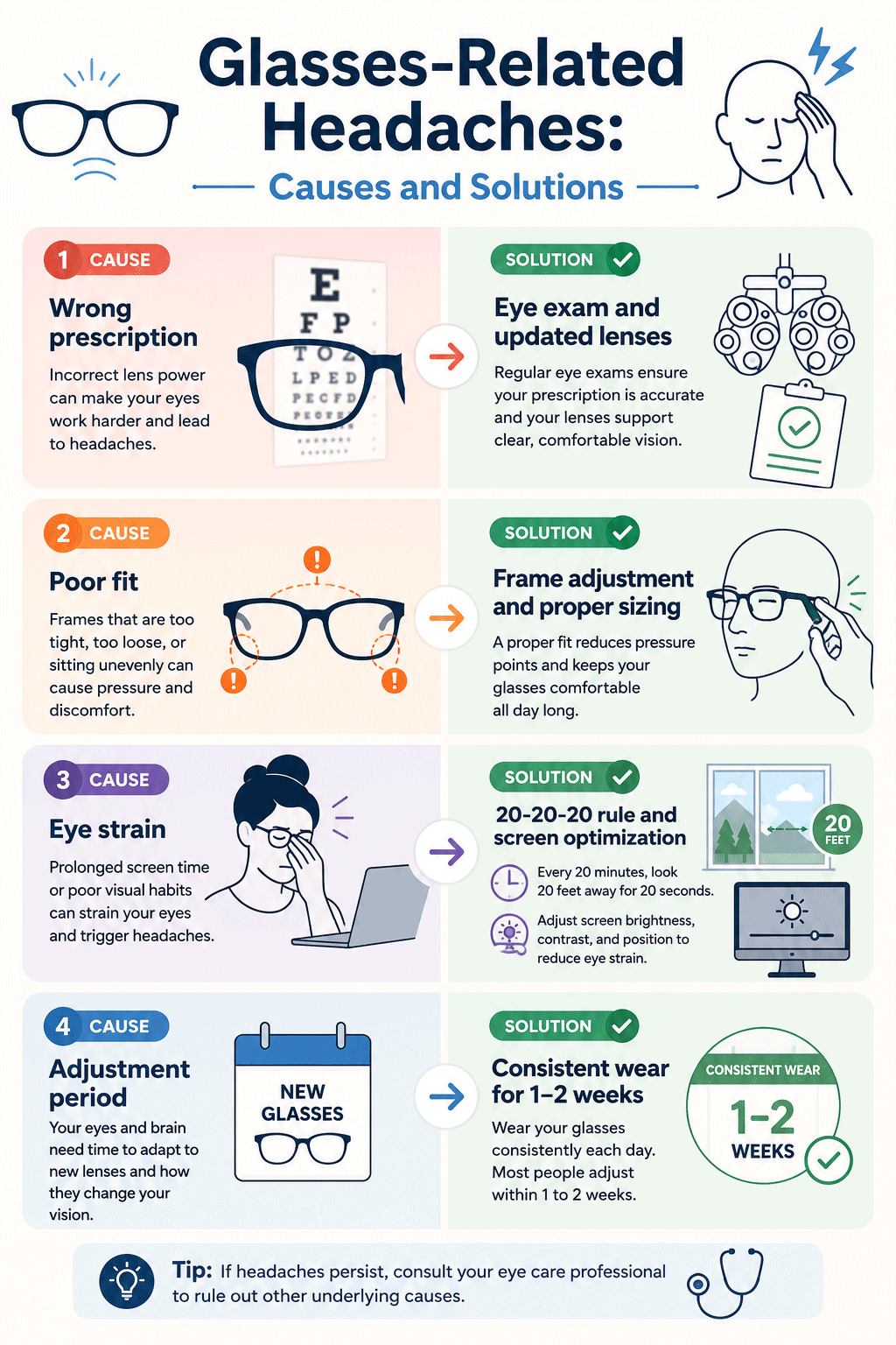 Infographic showing four causes of glasses-related headaches with corresponding solutions including prescription review and frame adjustment
