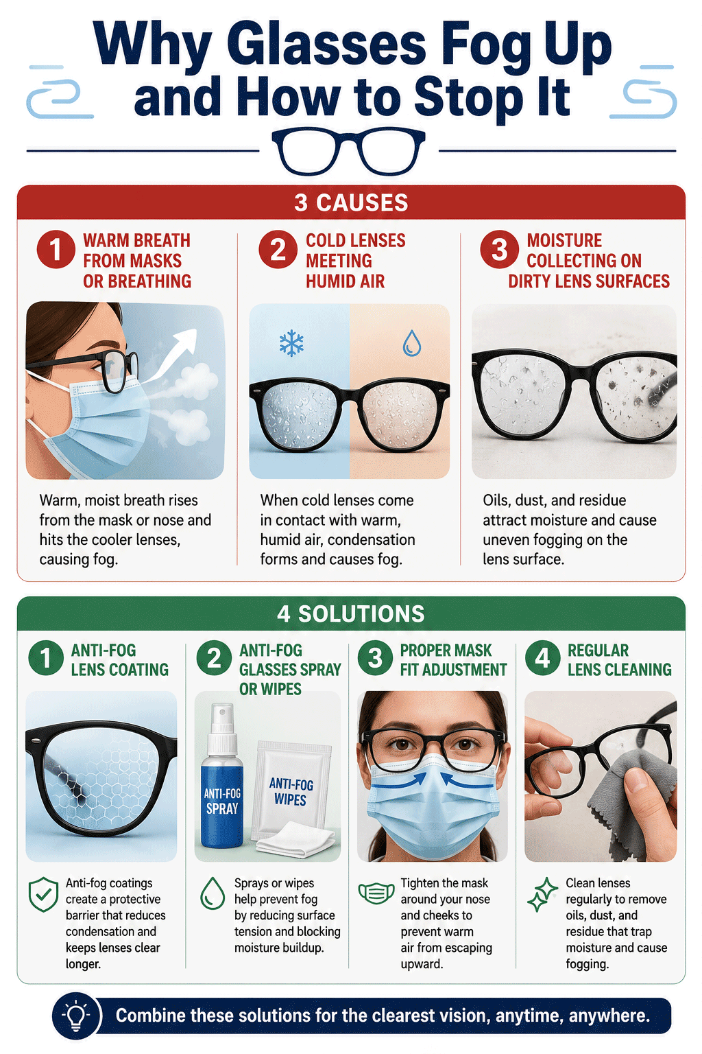 Infographic showing three causes of glasses fogging up and four anti-fog solutions including coating, spray, and mask fit adjustment