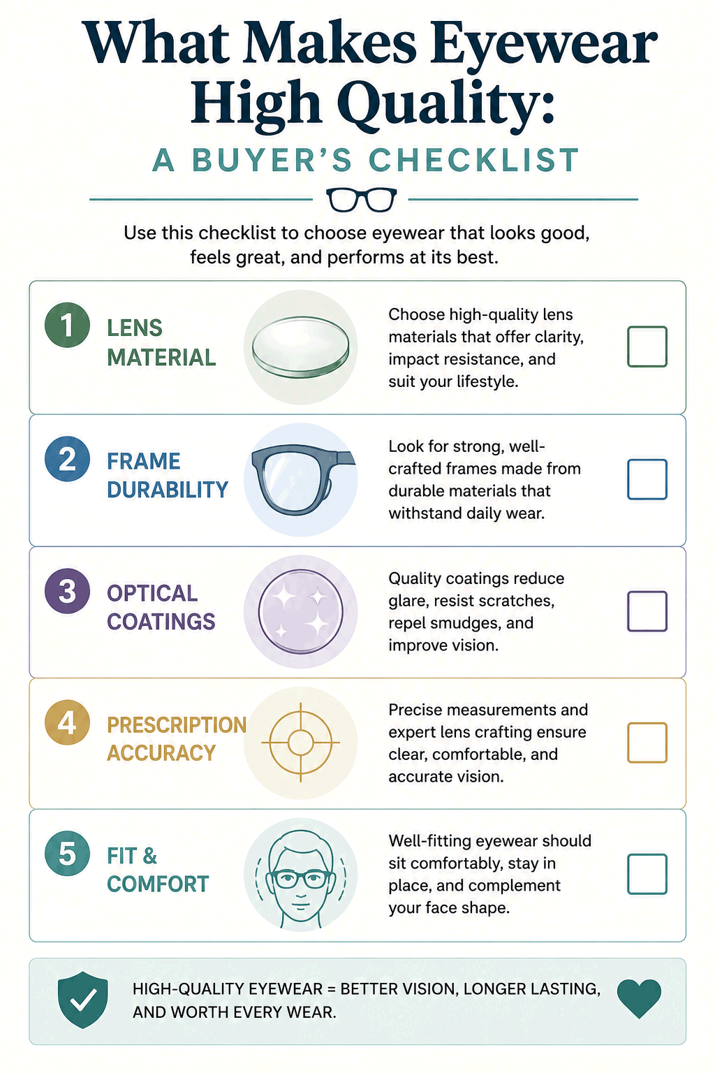 Eyewear quality checklist covering lens material, frame durability, optical coatings, prescription accuracy, and fit