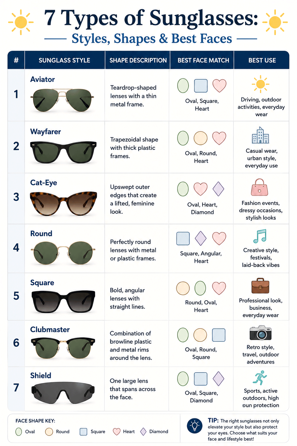 Comparison table of 7 sunglass styles including aviator, wayfarer, cat-eye, and round showing shape description and recommended face shapes